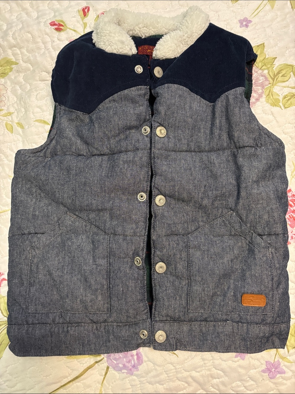 7 For All Mankind Kids Puffer Vest with Sherpa Collar - Navy & Denim
